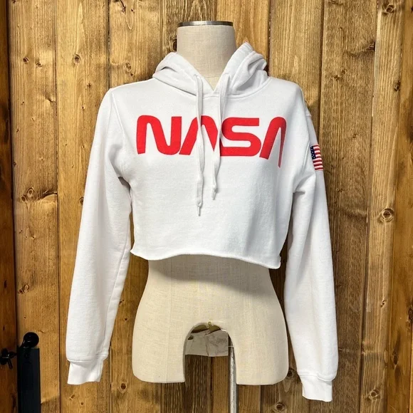 Chemistry Small White Cropped NASA Hoodie American Flag Casual - Picture 3 of 9